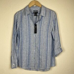 Jones New York M 100% Linen Shirt Button Up Striped Blue Coastal Preppy Roll Tab